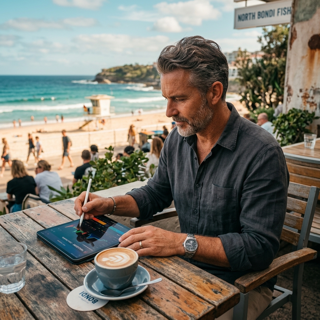 Elias reviewing fine print on an iPad